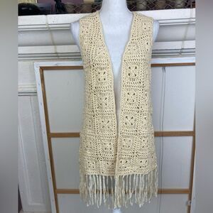 Reba Crochet Fringed Open Long Vest with Fringe 70s vibe